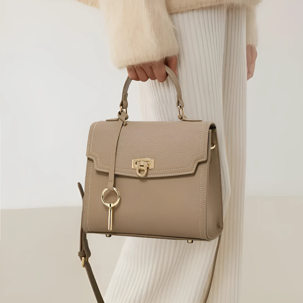Elephant grey vintage leather handbag with litchi pattern and lock design