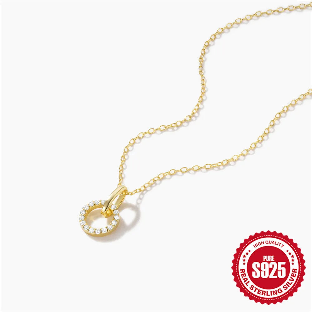Gold tone S925 sterling silver clavicle chain necklace with interlocking micro inlaid zircon pendant