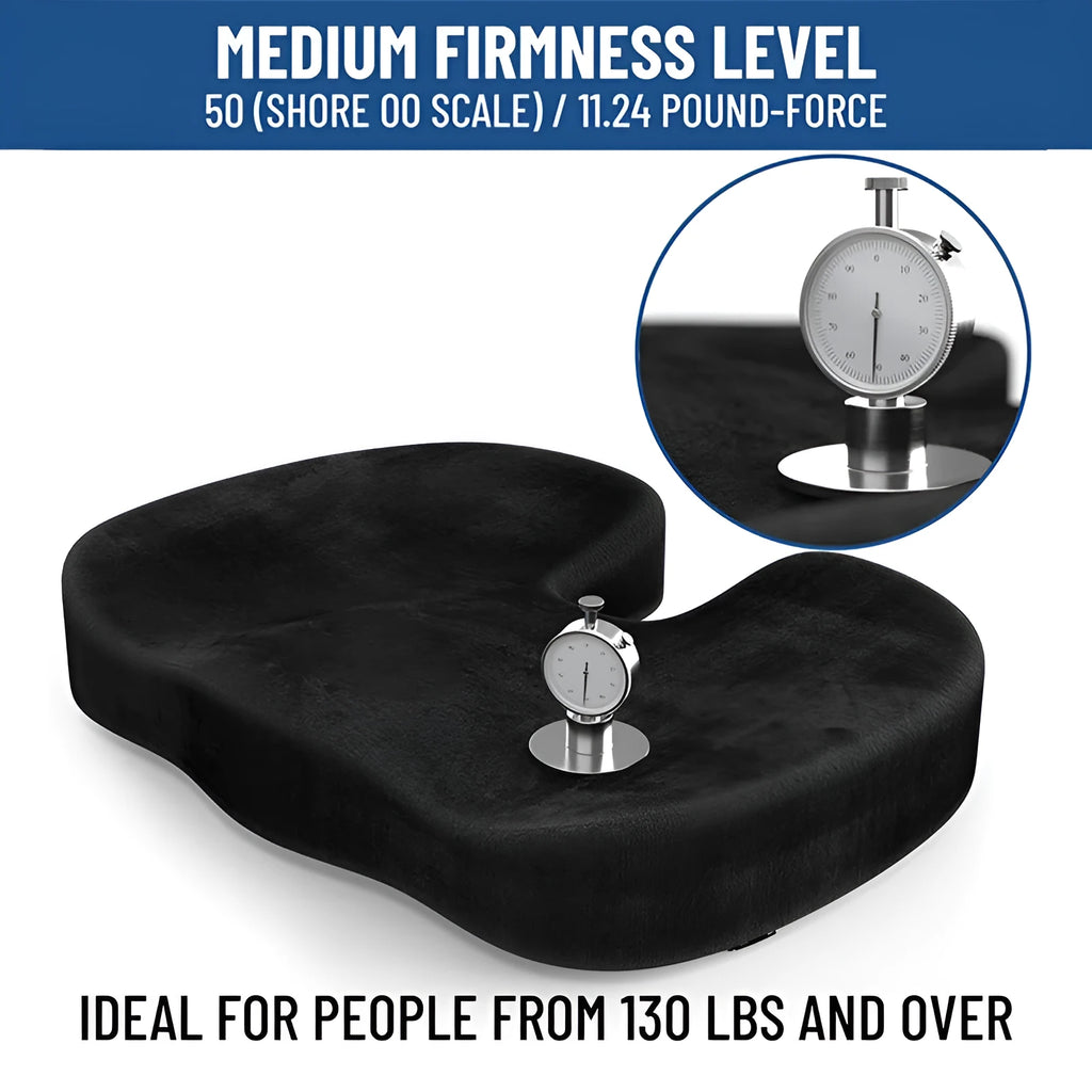 Black U-shaped memory foam office seat cushion showing dimensions of 46cm by 36cm.