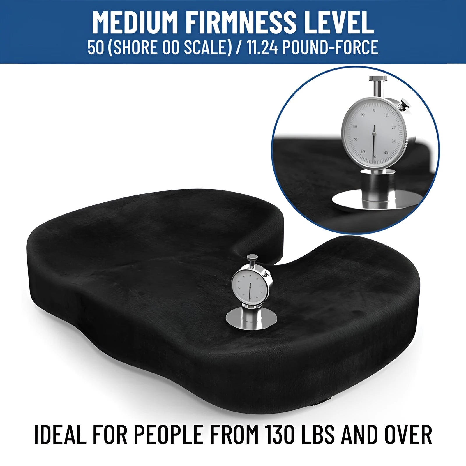 Black U-shaped memory foam office seat cushion showing dimensions of 46cm by 36cm.