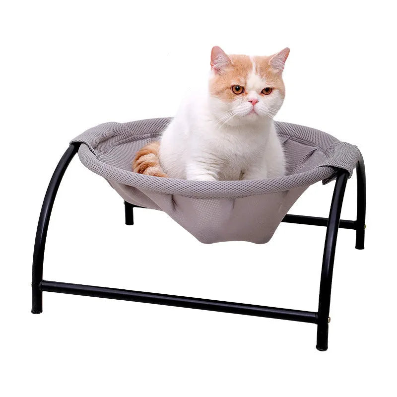 Pet camping bed with breathable pink or grey hammock surface, thick steel pipe frame, 43x43x24cm