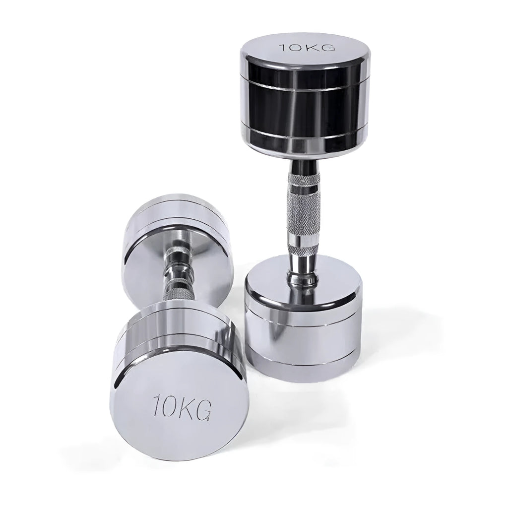 Silver pure steel dumbbell with electroplated finish and ergonomic handle