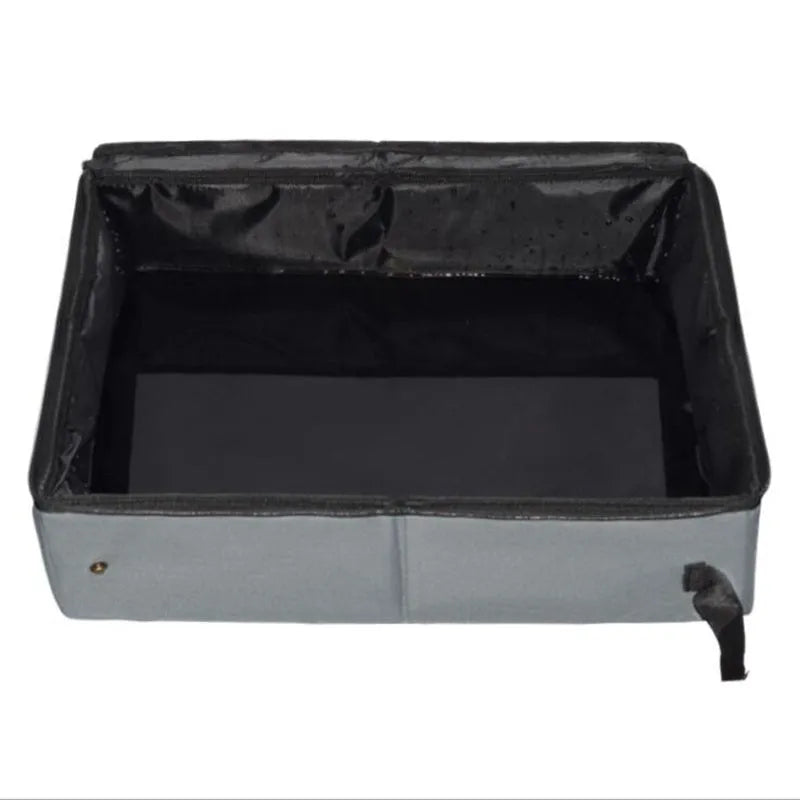Grey folding cat litter box in 600D Oxford cloth with waterproof EVA lining, small and large sizes