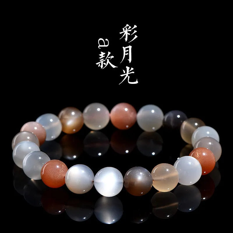 Natural moonstone bracelet with colourful moon light appearance showing 8mm beads in single circle formation