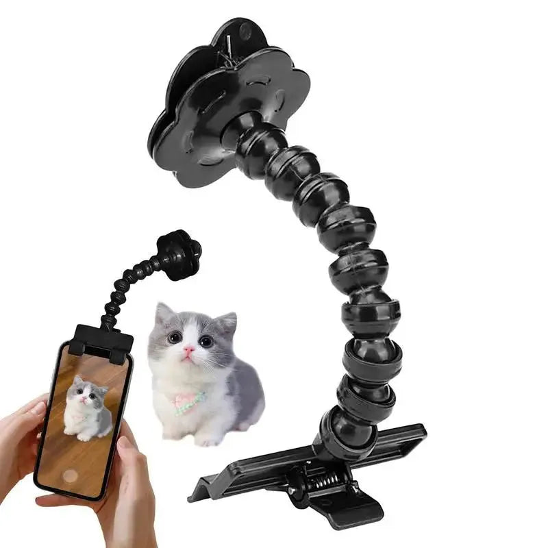 Black plastic pet photography mobile phone holder with treat clip and 360° rotation mechanism