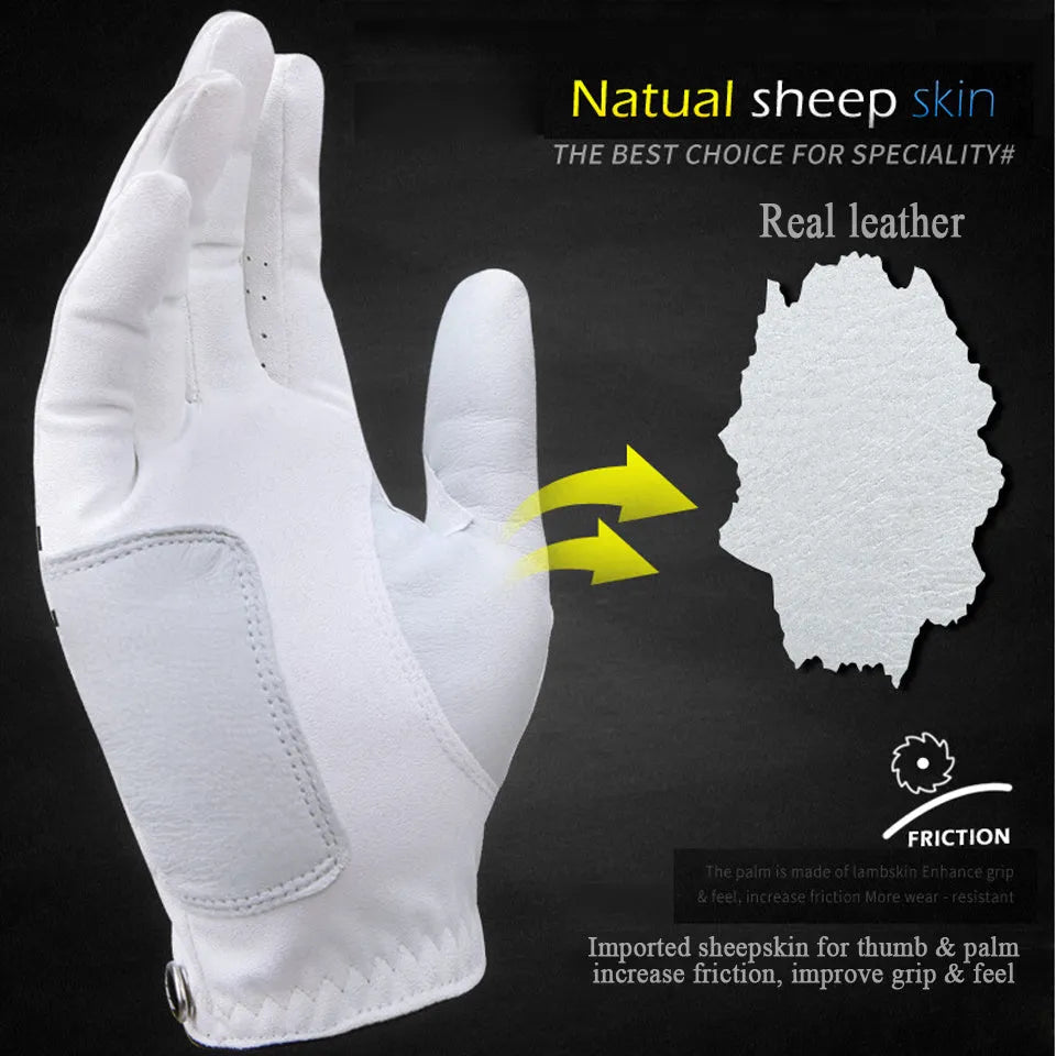 Summer thin golf glove in real sheepskin leather with anti-skid particles, breathable pores, and Velcro closure.