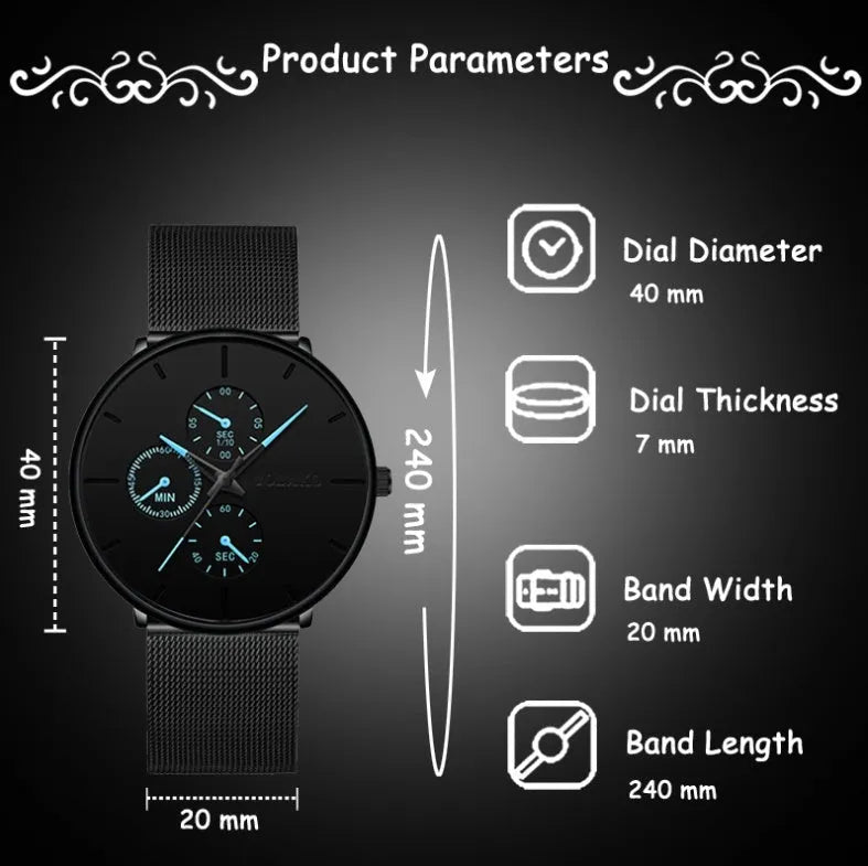 SOXY Futura stainless steel watch with black dial, black strap, 40mm case, 24cm length, 20mm width