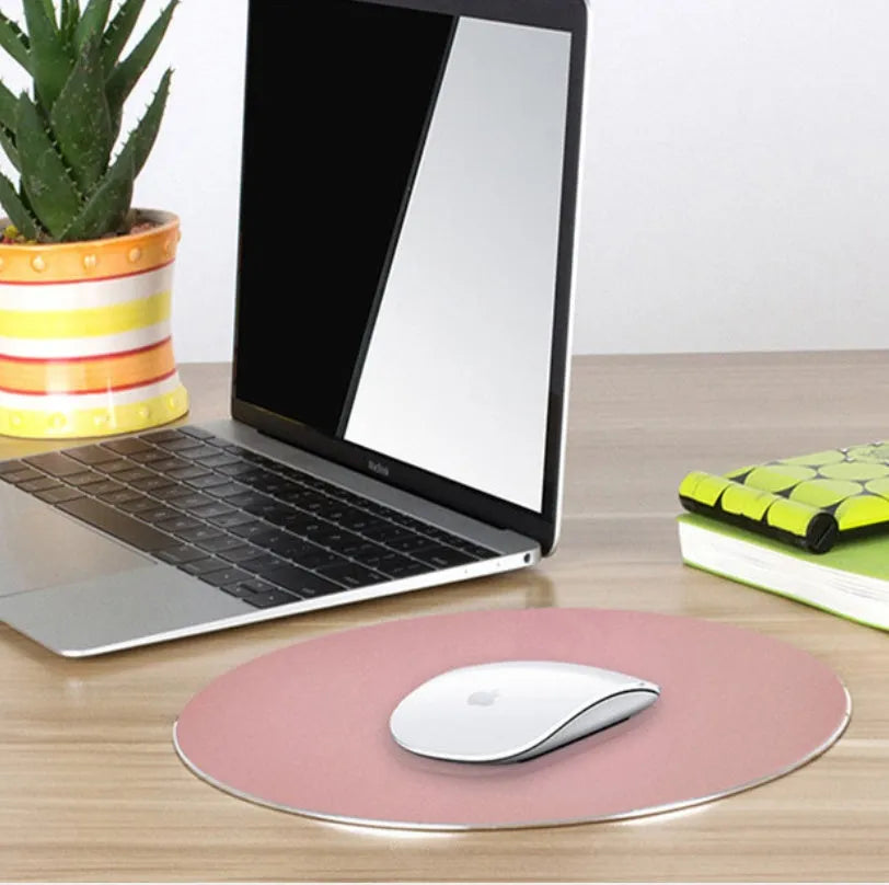 Round aluminium alloy mouse pad, 200mm diameter and 3.5mm thick, shown in black, gold, red, rose gold, and silver