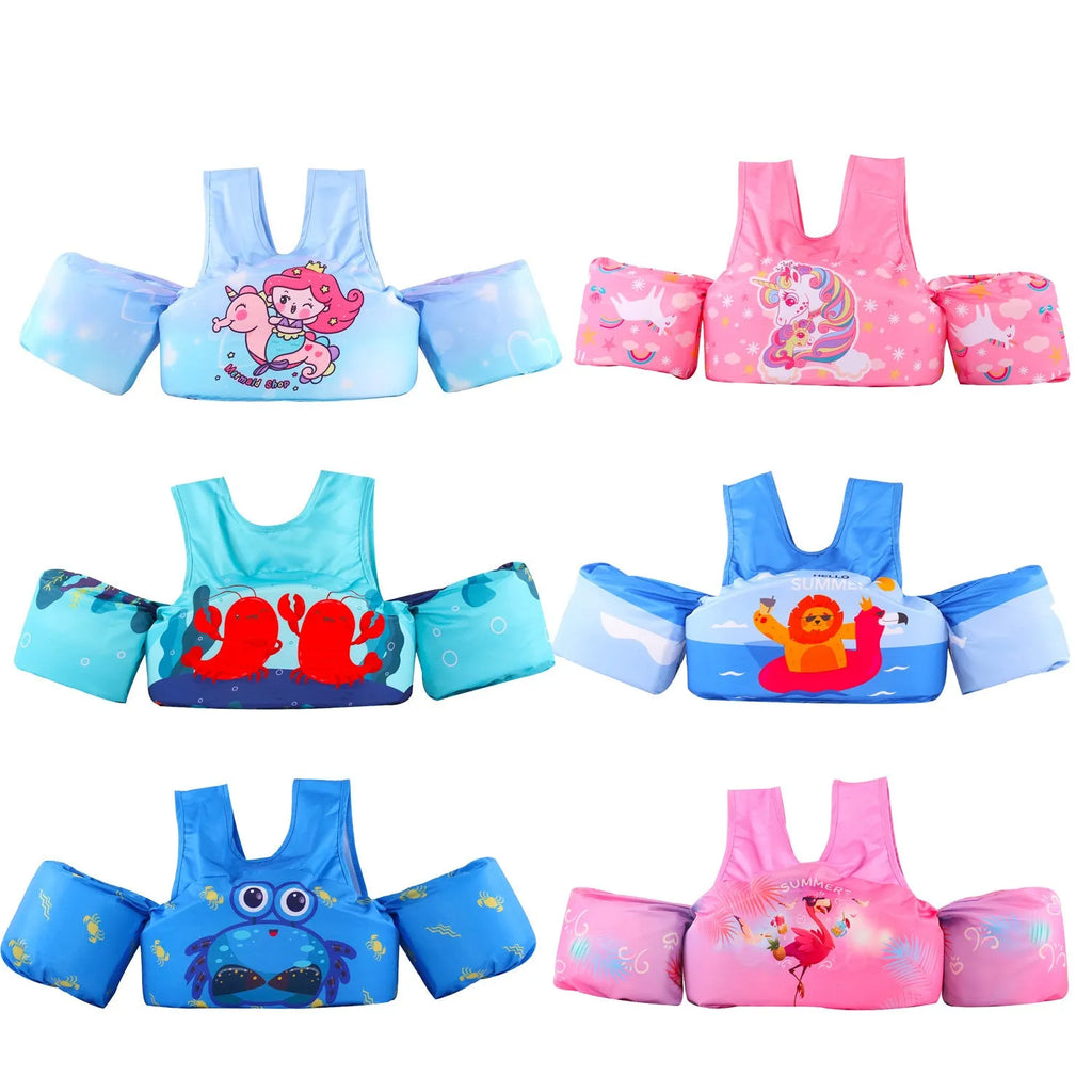 Children's polyester swimsuit with integrated lengthened arm swimming ring in cartoon pattern