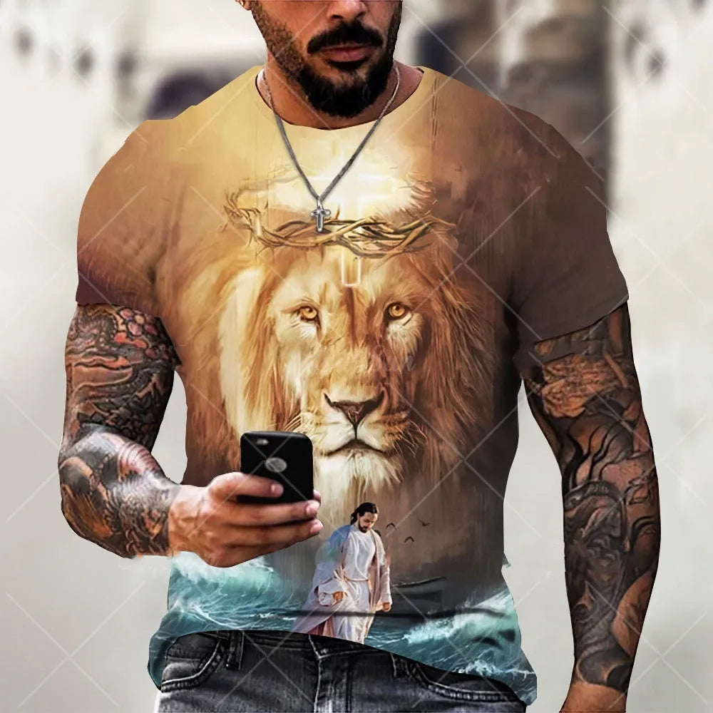 Men's short sleeve grey T-shirt with a detailed 3D printed Jesus pattern on the chest.