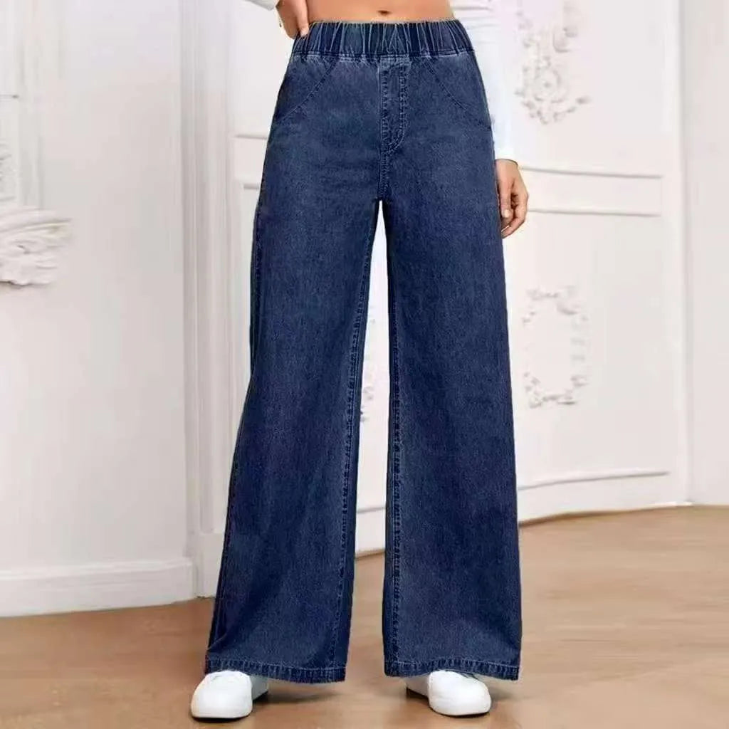 Women's light blue washed wide-leg denim jeans with straight fit and mid waist