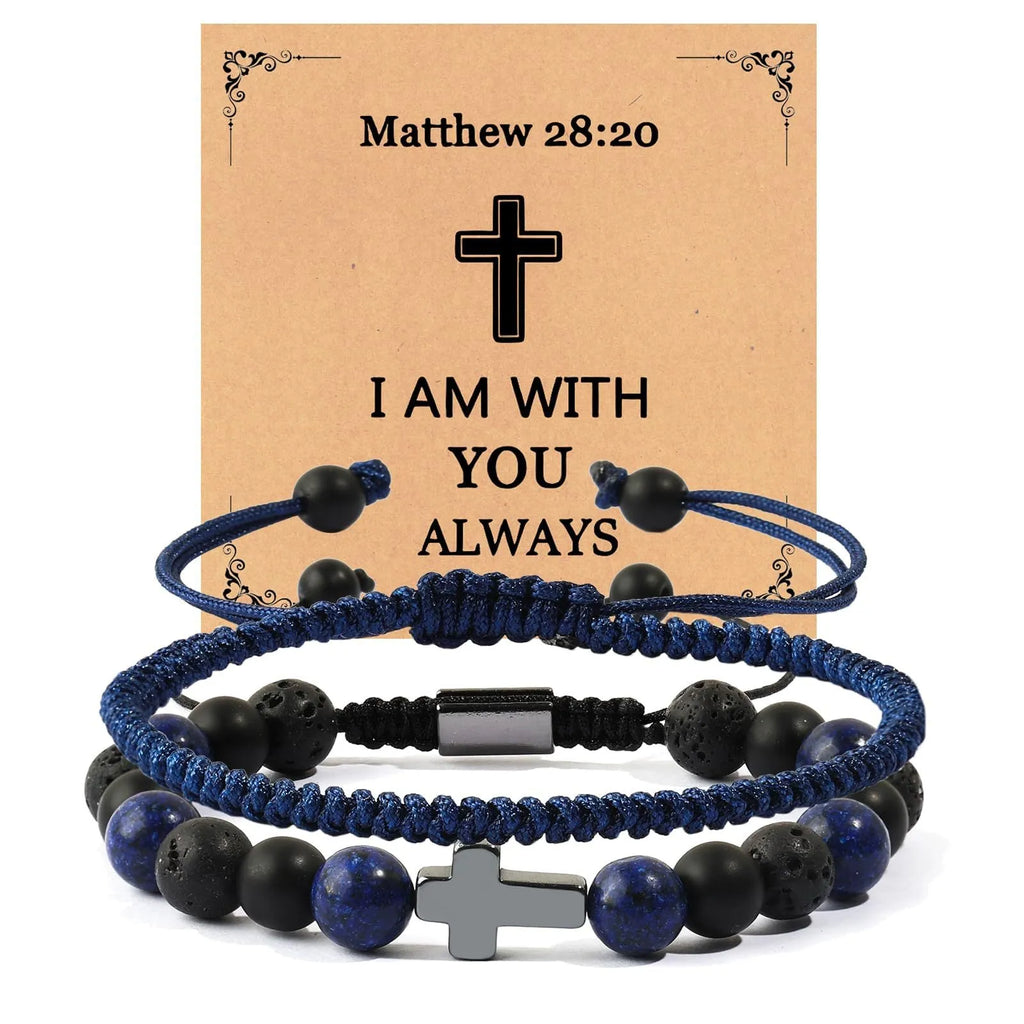 Hand-woven cross bracelet set with lapis lazuli and black matte volcanic stone beads in blue or black rope braid