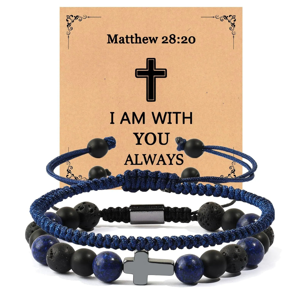 Hand-woven cross bracelet set with lapis lazuli and black matte volcanic stone beads in blue or black rope braid