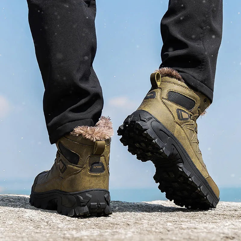 Men's plus size high top outdoor cotton shoes in black, cold-resistant cowhide upper, rubber sole, sizes 40-48