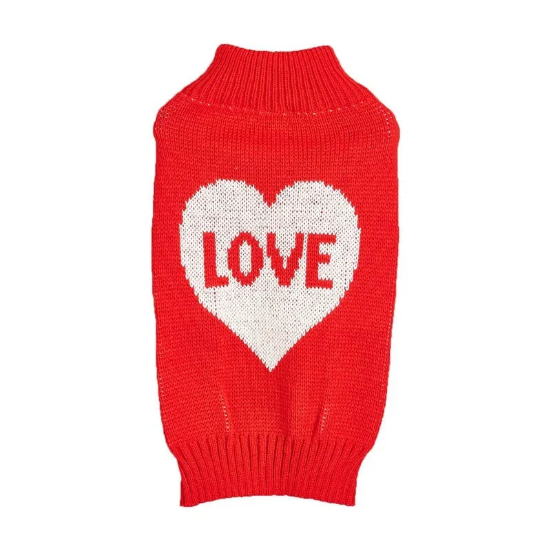 Red and pink dog sweater with love heart and bow designs in acrylic knit for small to medium dogs