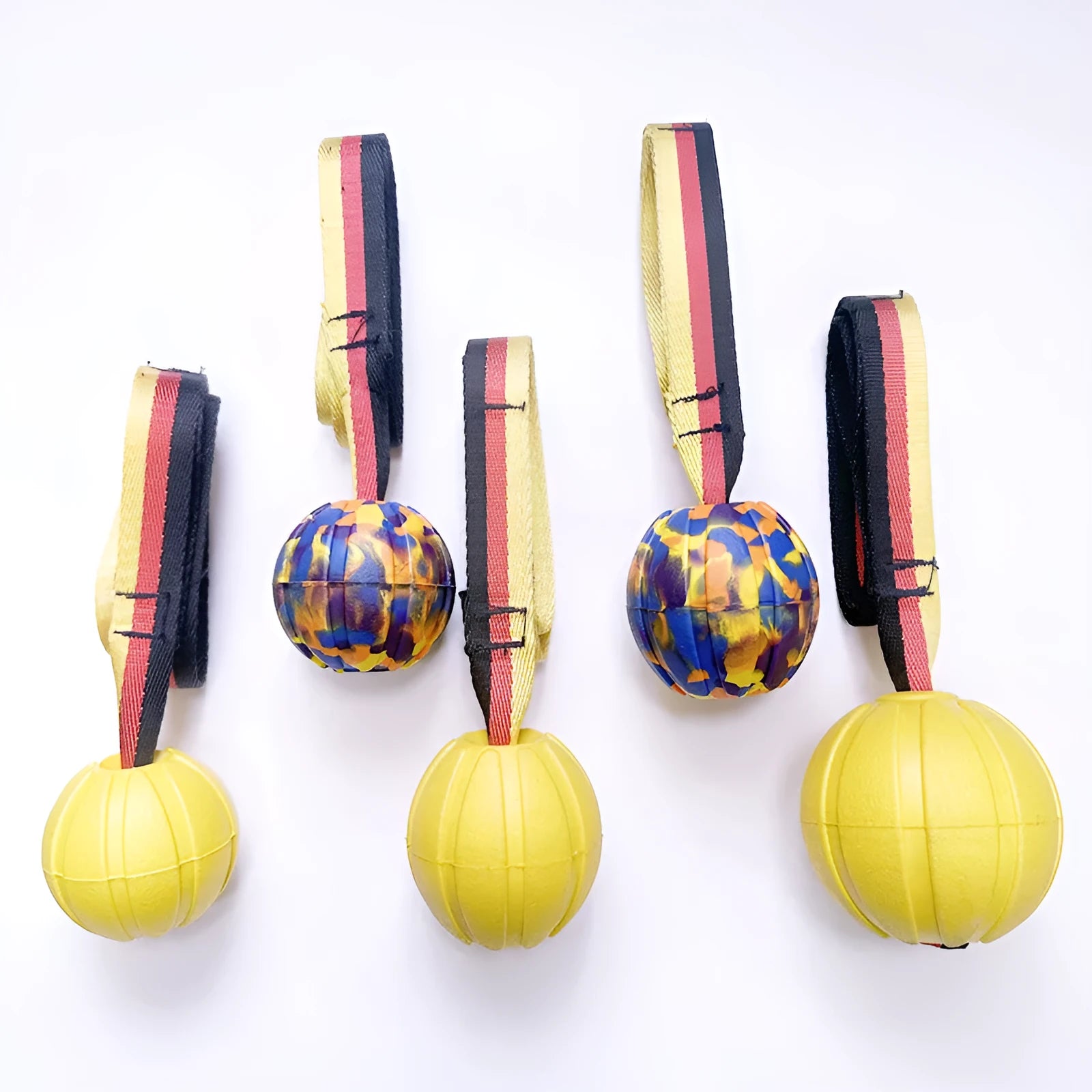 Floating EVA pet string ball in camouflage or yellow colour with attached string for water retrieval games