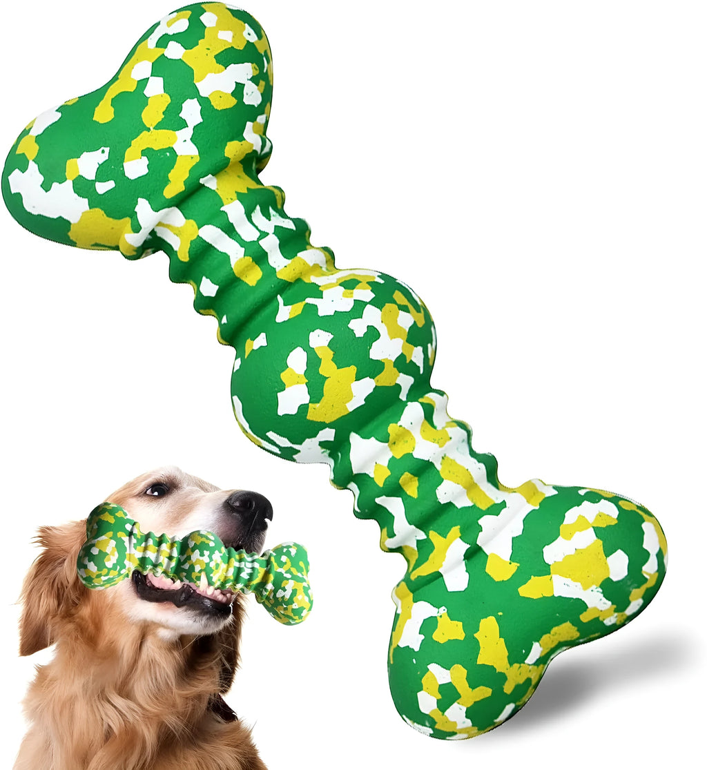 Organic natural rubber dog chew toy in camouflage pattern for aggressive chewers, showing two size options