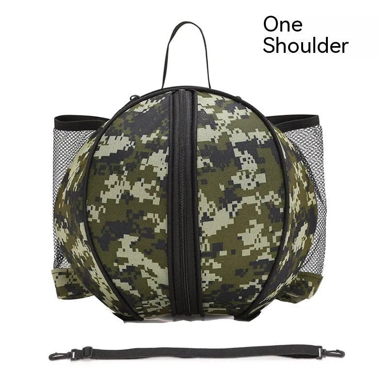 Oxford cloth basketball training bag with adjustable strap shown in a camouflage colour option.