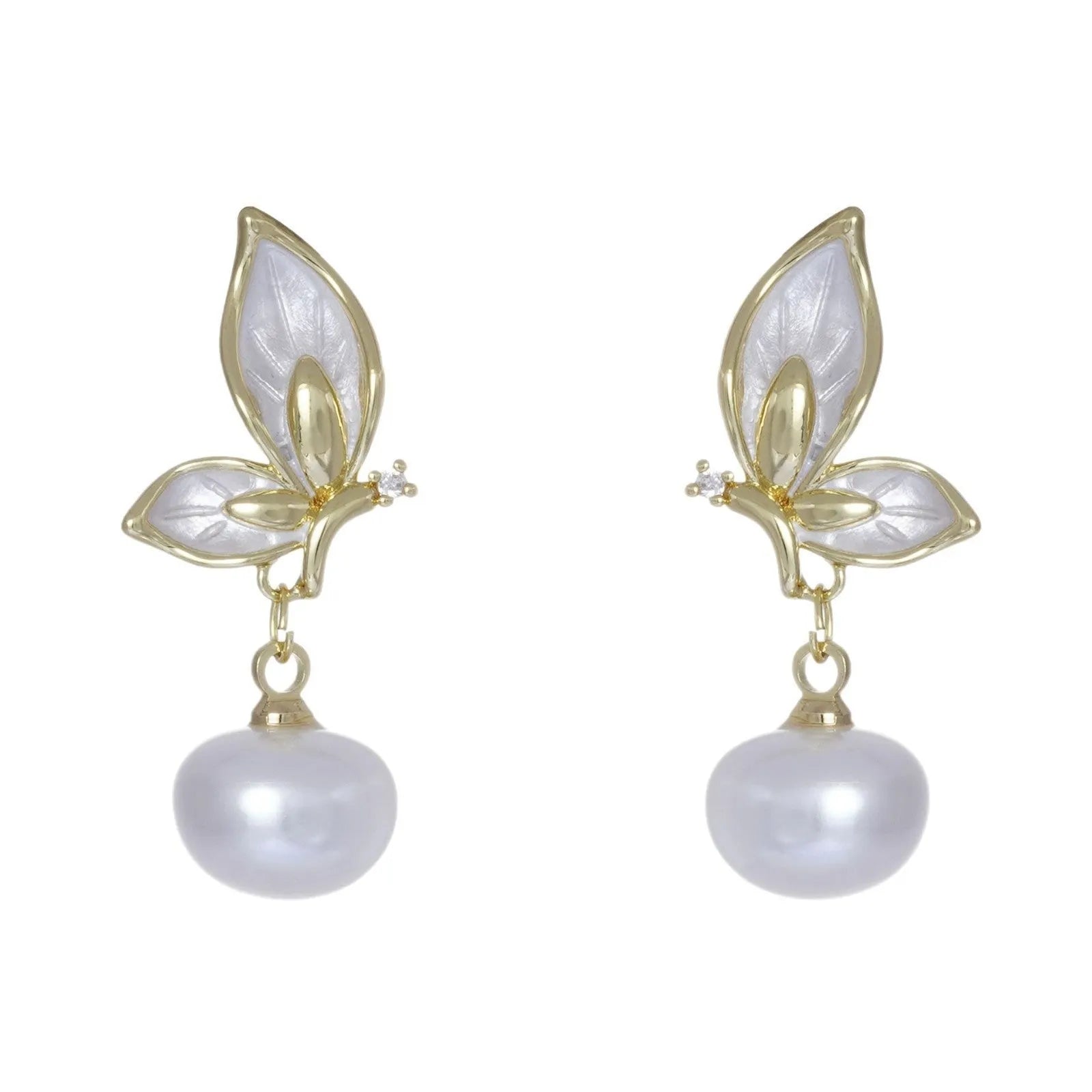 Close-up of a pair of zircon painting oil finish butterfly stud earrings on a copper base, style PT0203.
