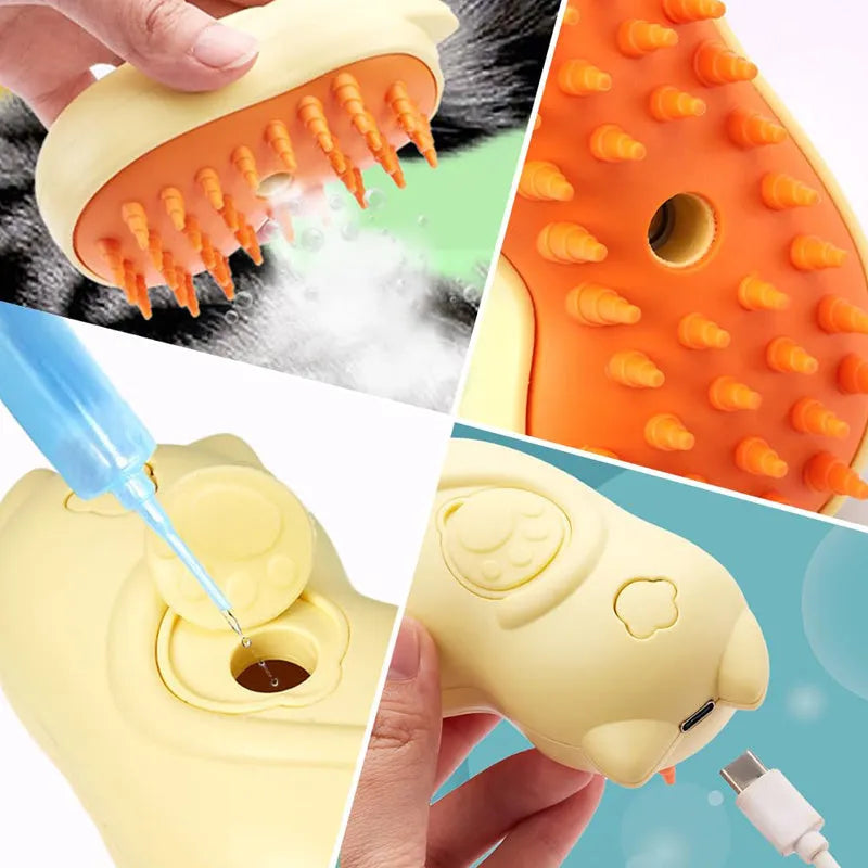 3-in-1 steam pet grooming brush for cats and dogs with comfortable handle
