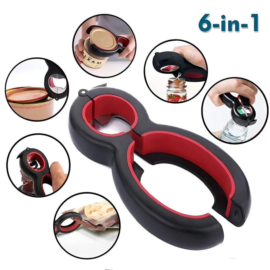 6 in 1 bottle can opener in grey, green or red, 14.5 cm, stainless steel and PP with soft coating