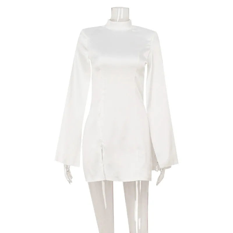 Women's white high neck long sleeve pencil dress with flared three-quarter sleeves.