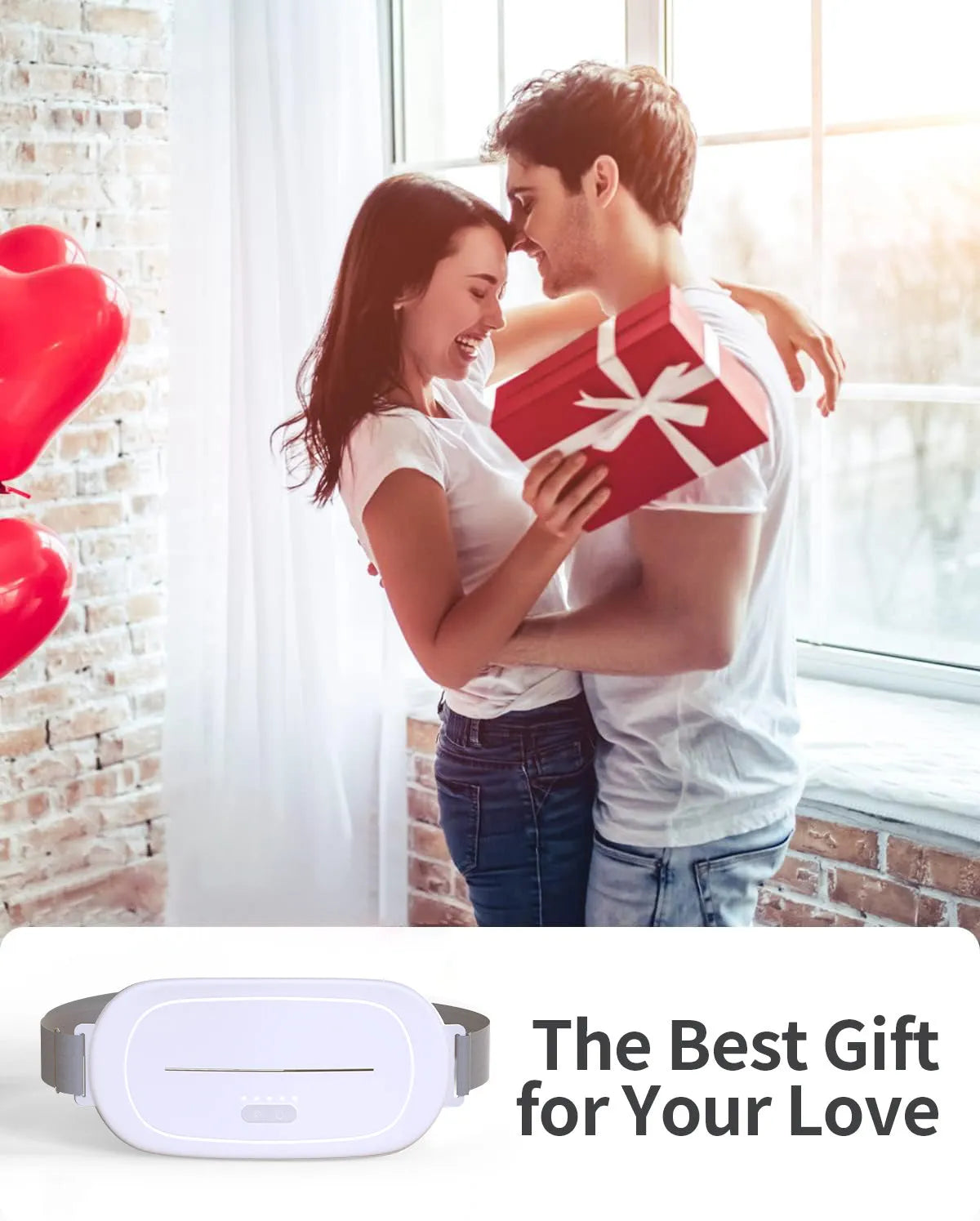 White portable uterine warming device with adjustable strap on a grey background