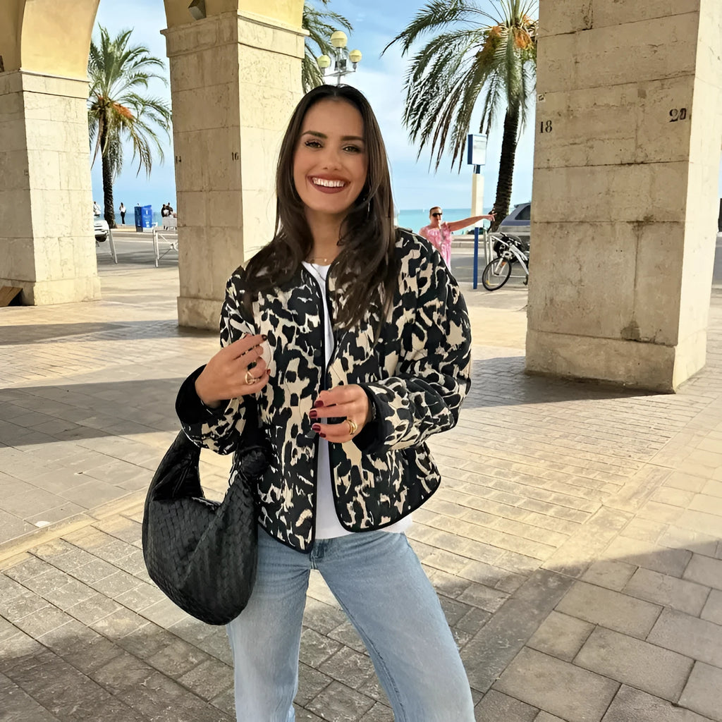 Women's printed snap-button long-sleeved jacket in three colour styles polyester fabric