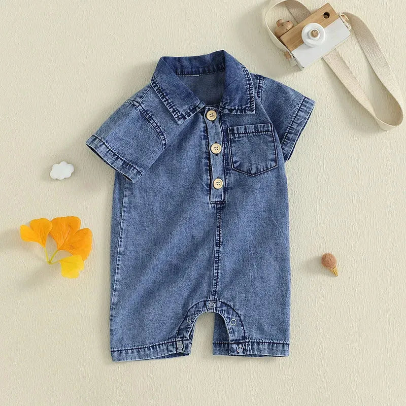 Boys blue cotton short sleeve one-piece romper for summer, western style, sizes 0-3M to 12-18M