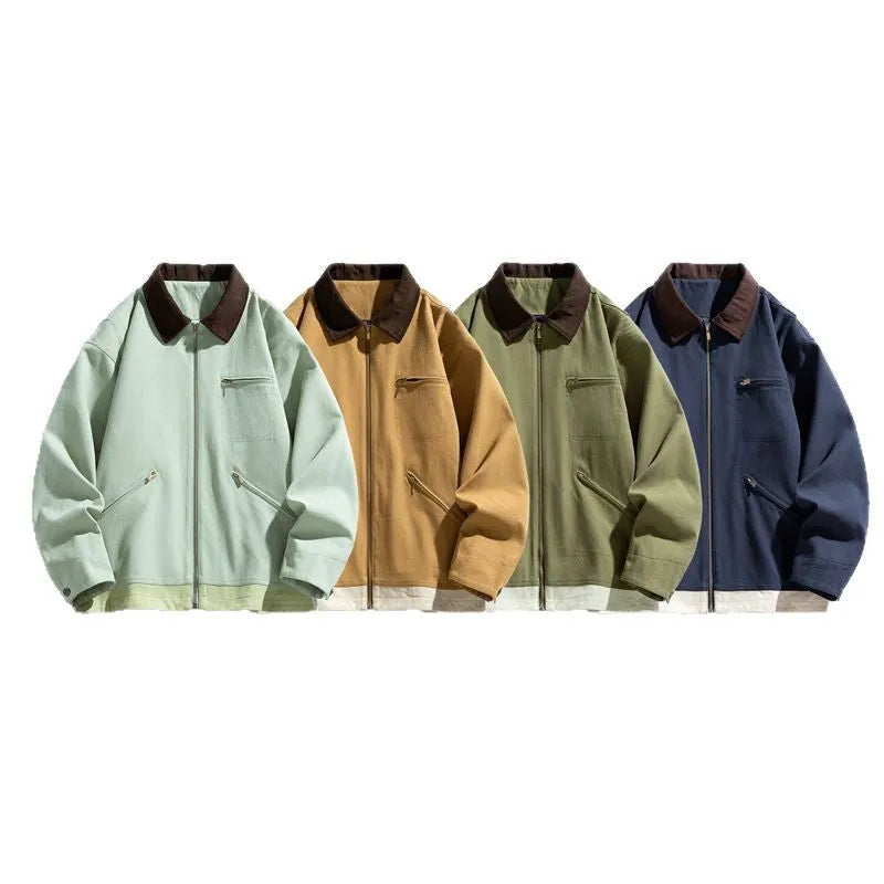 Men's Korean-style retro workwear jacket with contrast lapels in polyester