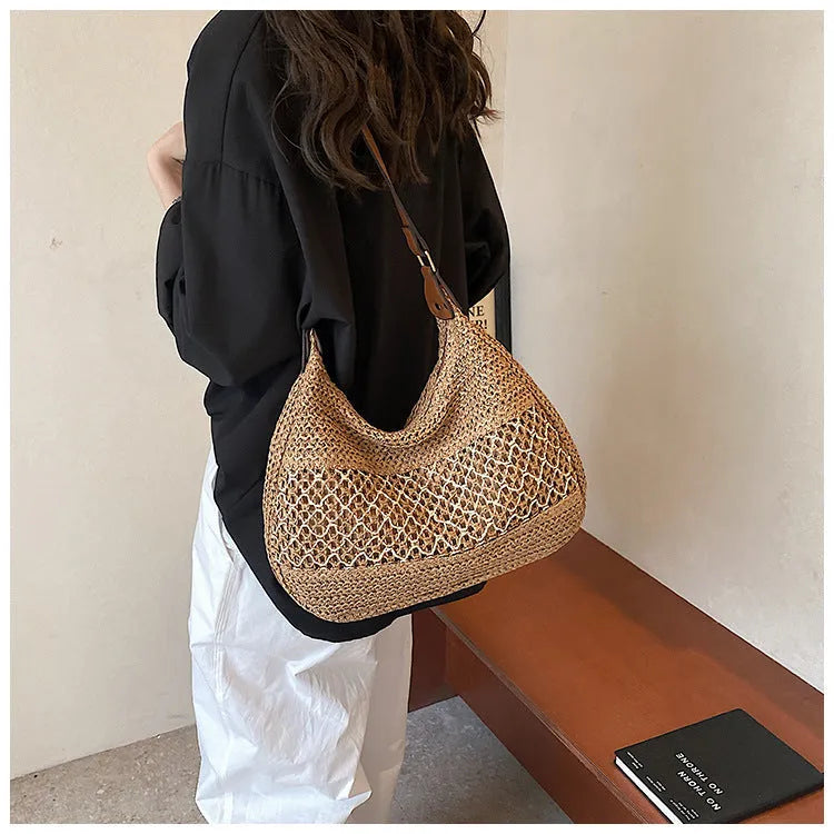 Women's straw cross body bag in horizontal square shape with sandwich pocket, khaki colour option