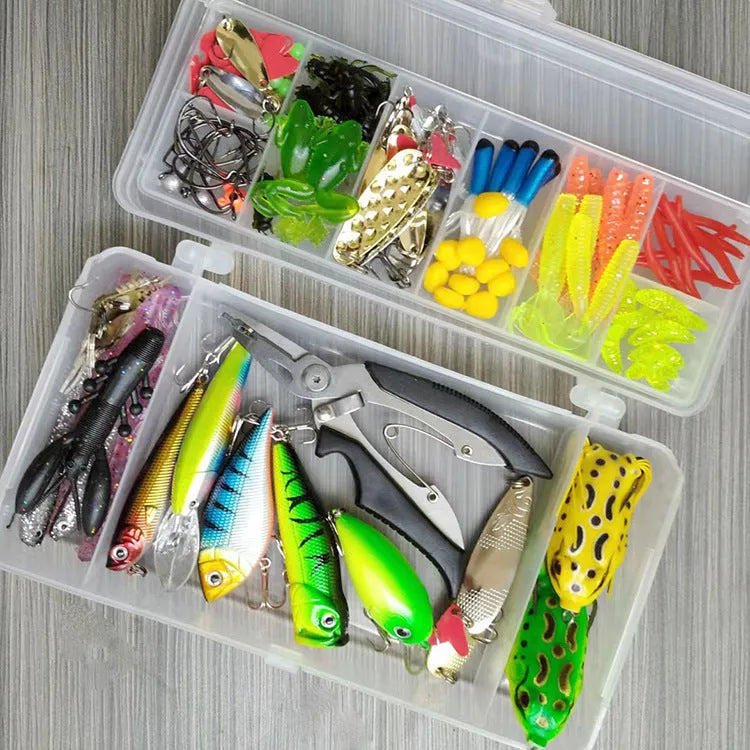 142-piece fishing lure set with metal pliers showing hard mino lures and sequin baits