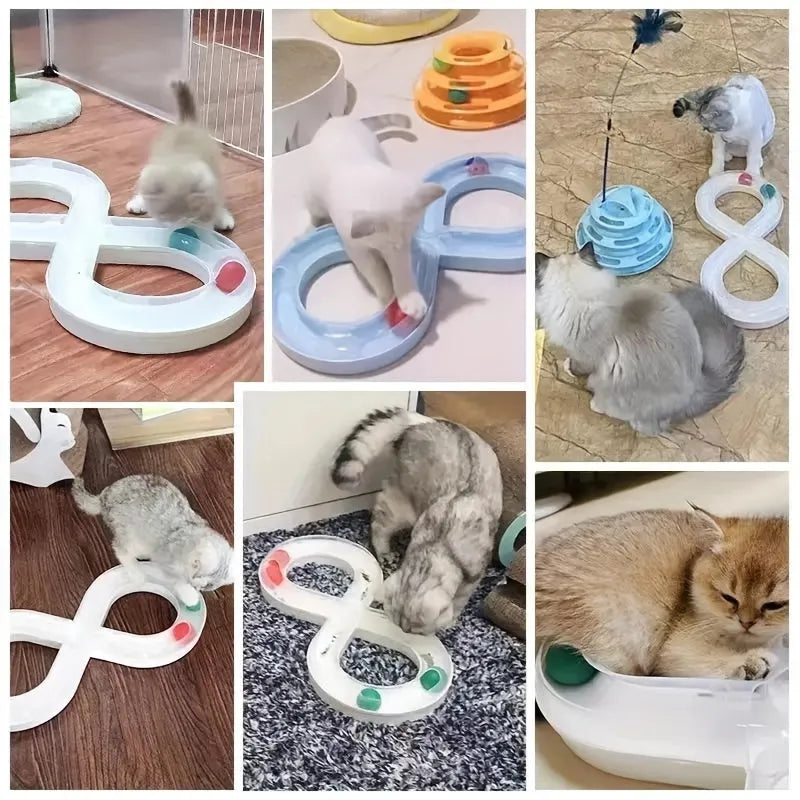 50cm long blue and white cat toy track with turntable, moving balls and teasing sticks for feline entertainment