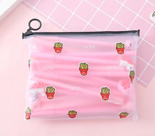 20 black cartoon cactus design pens with 0.5mm tips and a matching plastic pen case.