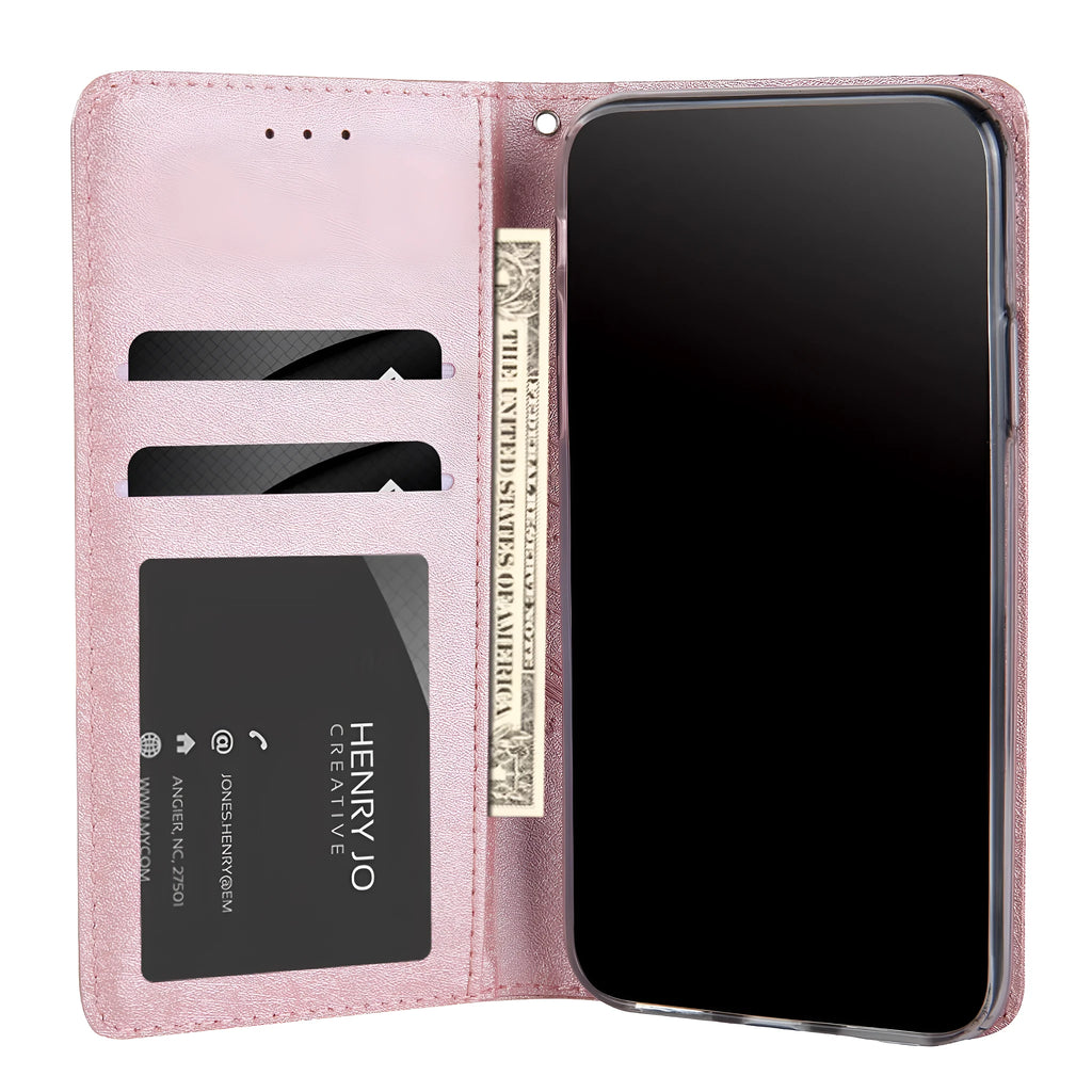 Apple iPhone flip case in PU leather with a built-in card slot, shown in various colours.