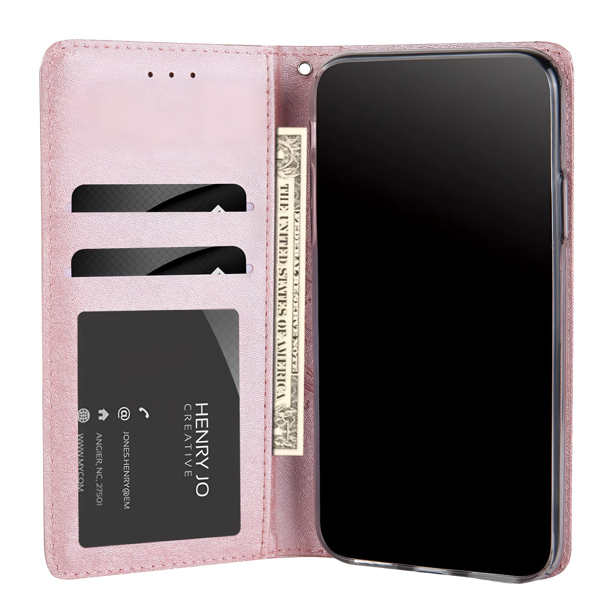 Apple iPhone flip case in PU leather with a built-in card slot, shown in various colours.
