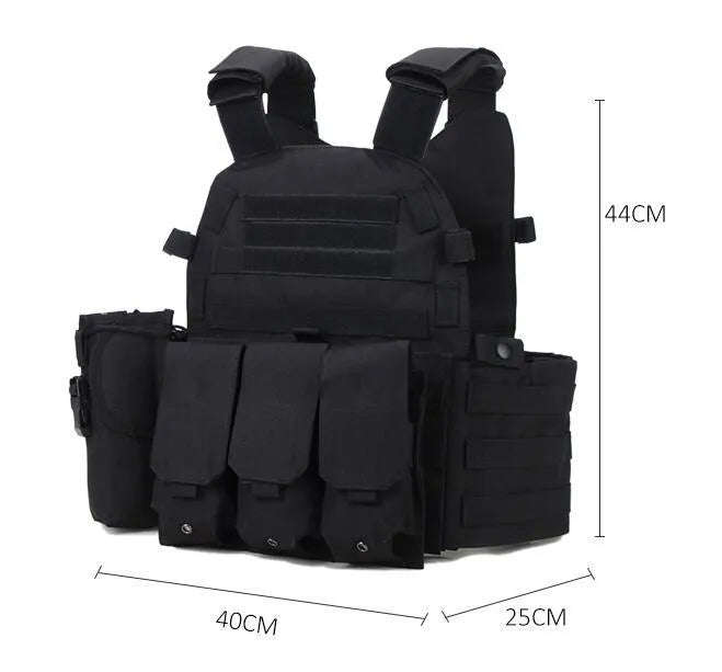 Tactical Molle plate carrier vest in Oxford with 3 detachable accessory bags, size 40cm x 25cm x 44cm