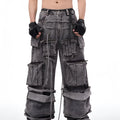 Grey distressed denim overalls with rope stitching detailing in American-style design