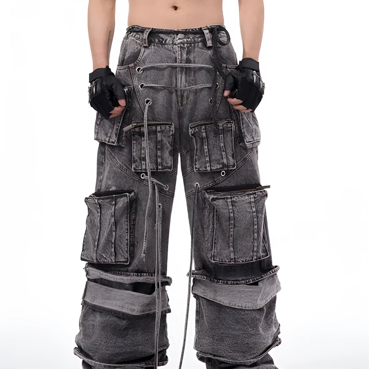 Grey distressed denim overalls with rope stitching detailing in American-style design