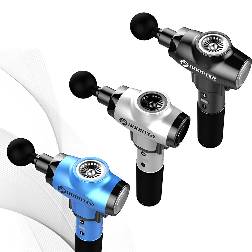Black and white muscle massage gun with a deep stroke for tissue relief.