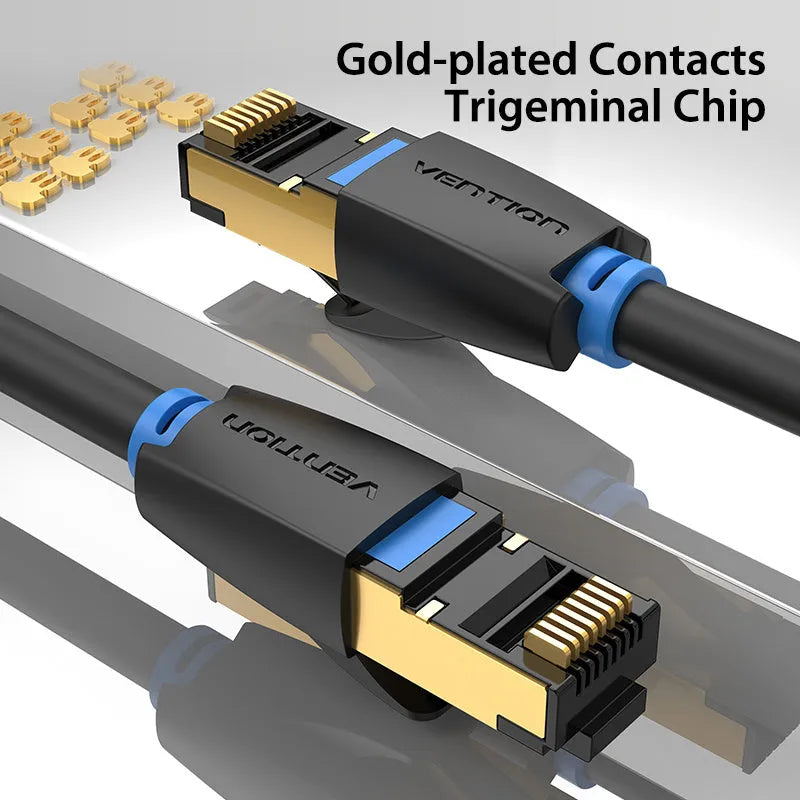 CAT8 shielded flat and round ethernet network cables with RJ45 connectors in various lengths