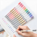 12 black Muji gel pens with 0.5mm fine tips showing ink prevention mechanism and aqueous ink labelling