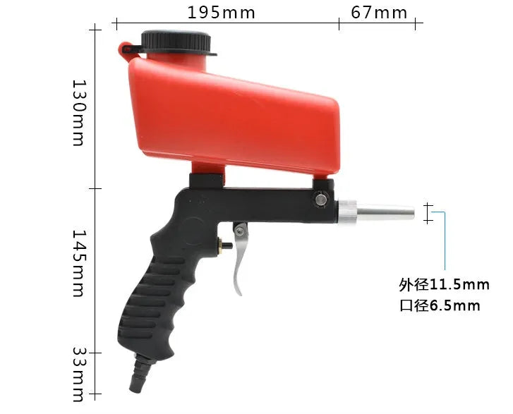 Portable black gravity-feed pneumatic sandblasting gun with 21lb tank.