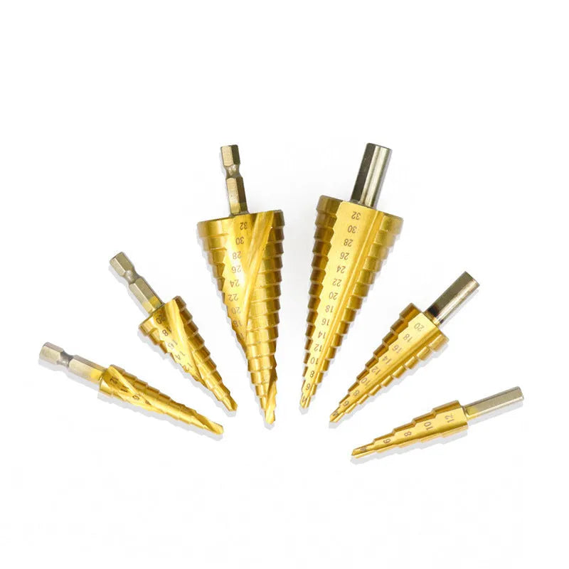 Cone drill bit punch set with high-speed steel step drills and centre punch in colour-coded options