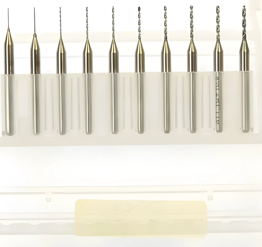 Set of imported tungsten steel micro-engraving bits for precision industrial machining on circuit boards and metal.