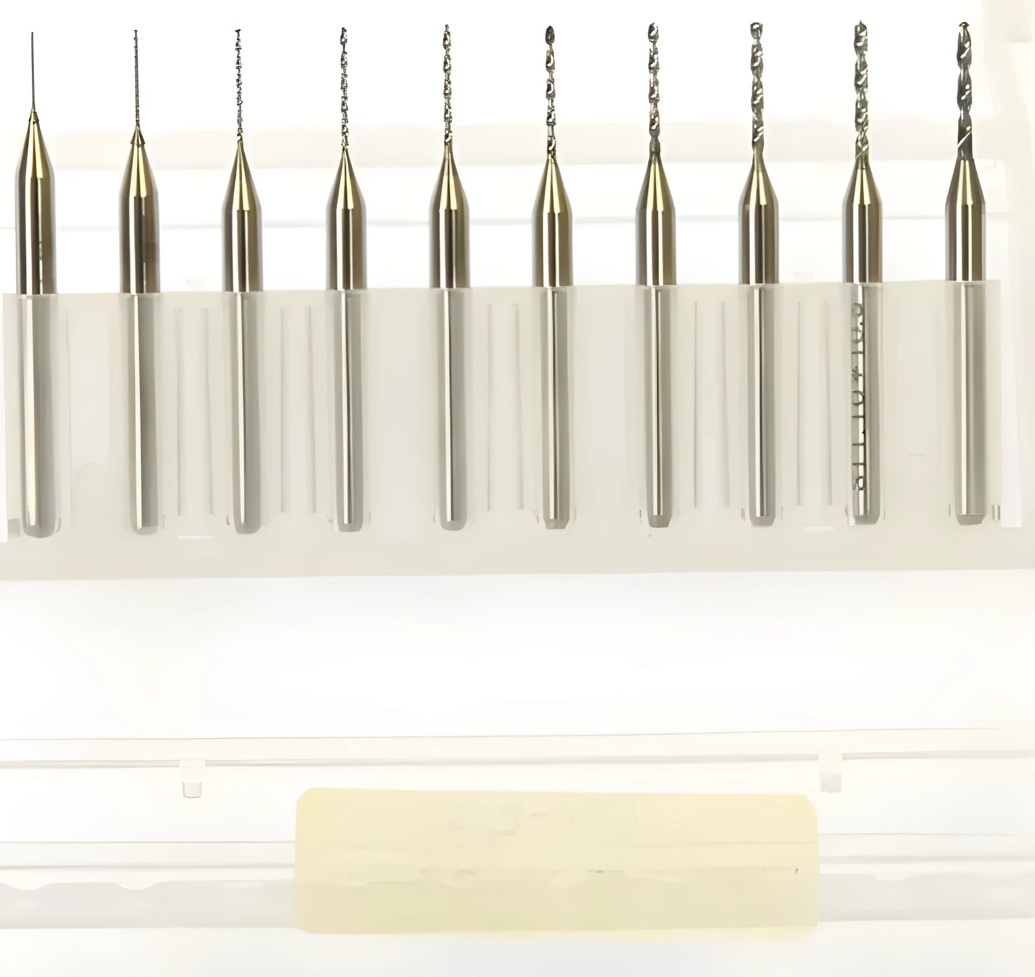 Set of imported tungsten steel micro-engraving bits for precision industrial machining on circuit boards and metal.