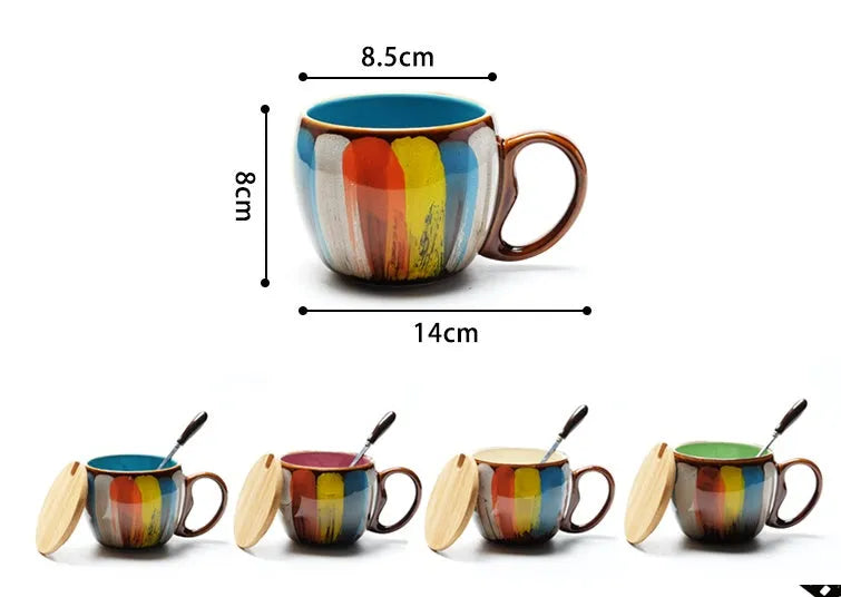 Handmade ceramic cup with lid and spoon, 350ml European style mug in vibrant blue, bright green, yellow, or pink