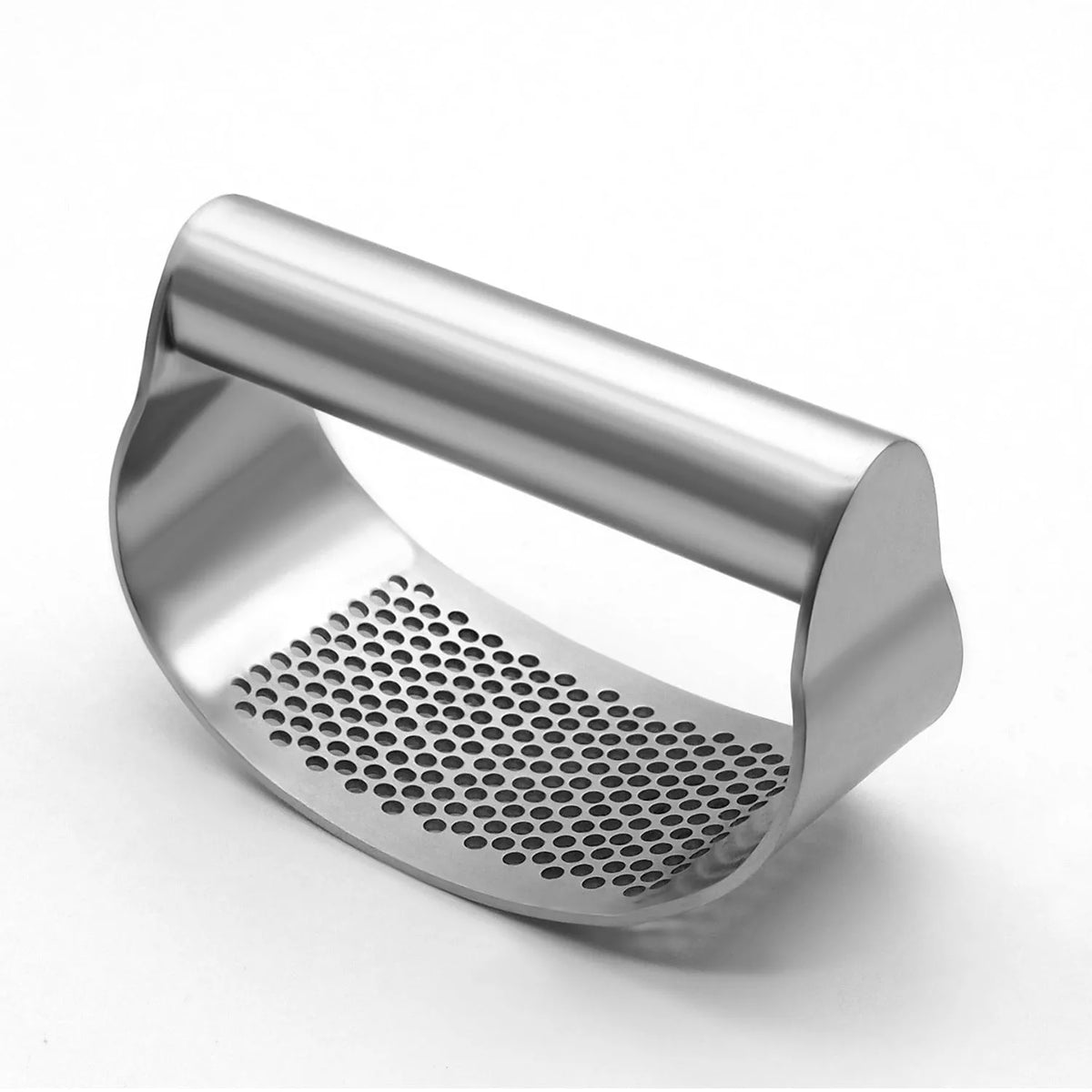 Stainless steel onion fork with PP handle and uniform fine holes for garlic pressing and holding vegetables, potatoes, fish, meat, and onions.