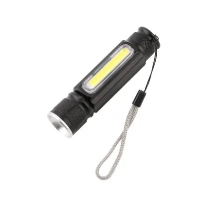 Black aluminium alloy multifunctional LED flashlight with T6+COB light source, magnet base, and rechargeable 18650 battery