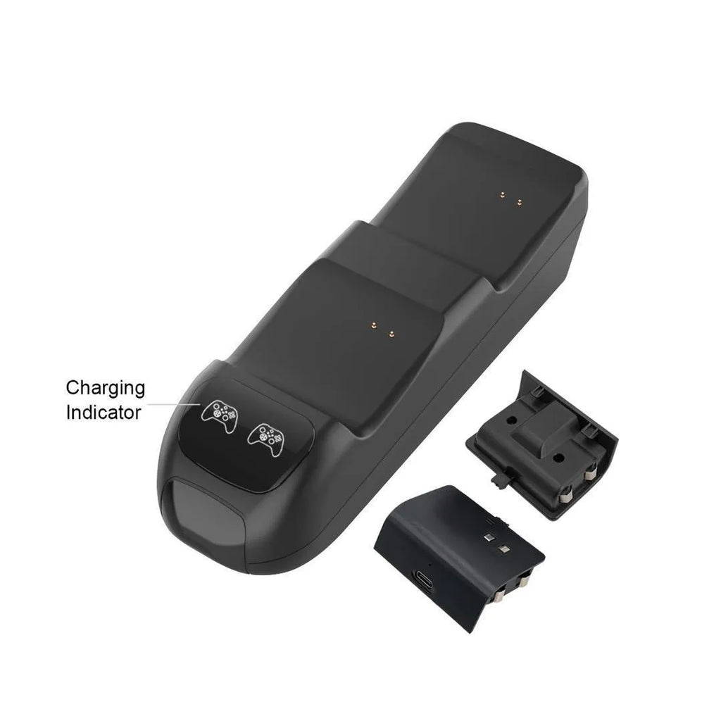Black Xbox Series X controller charging dock with two battery packs and Type-C cable